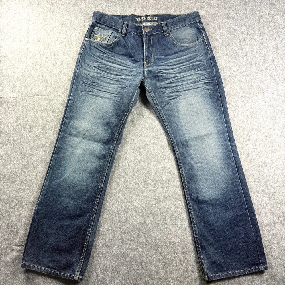BB Gear Denim Distressed Jeans Mens 36x29‎ Straight Leg Y2K Embroidered vtg